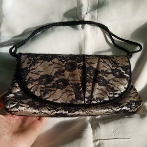 NWOT Champagne Satin Black Lace Clutch